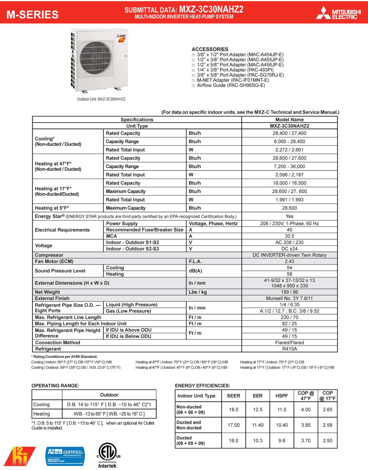 Mini Split Multi 3 Zone Mitsubishi H2i Hyper Heat up to 18 SEER Heat